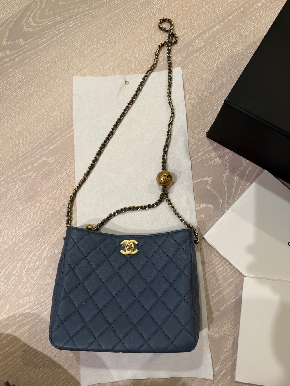 CHANEL Quilted Lambskin Chain Shoulder Bag in Navy Blue with Gold Hardware